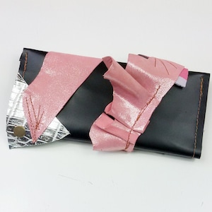 Leder bunte Brieftasche, rosa und schwarz, Silber Leder, Frauen Leder Geldbörse, Brieftasche Geldbörse, handgemachte Brieftasche, Frau Brieftasche, Frau Geldbörse