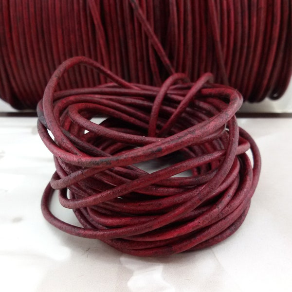 antique wine red leather cord,5 metres,2 mm round distressed leather lace,gipsy red jewelry leather cord ,vintage natural red leather thong