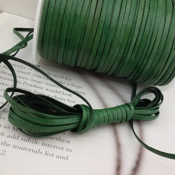 green flat leather strip,5 metres,3 mm flat leather cord,leather strip for jewelry,antique green leather strip,necklace green leather cord