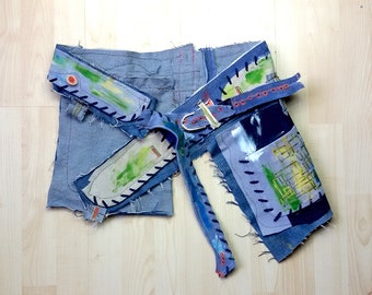 cintura in denim e pelle,Festival Clothing Hip Bag,avvolgere intorno cintura,multicolore,marrone,cintura hippie,cintura donna,cintura regolabile,dipinta a mano