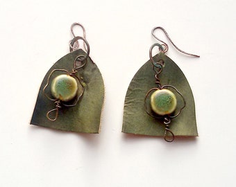 leather earrings,ceramic bead,copper and leather earrings,oversize jewelry,green leather earrings,casual earrings,gift for her,