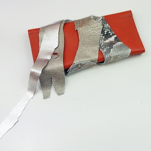 leather wallet,shabby gipsy colorful upcycled leather wallet,boho embellished wearable art wallet,fancy details orange leather wallet