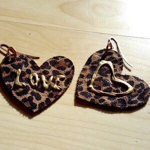 leather earrings ,golden and animal print, designer earrings,leather jewelry, love heart earrings, casual earrings,animal print leather