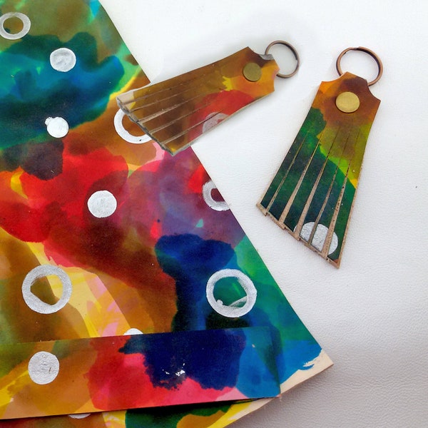 2 unique Leather Key Fobs,colorful Leather Keyring,ooak gift,multicolored small gift,colorful keyfobs,painted leather keyring,gay pride gift