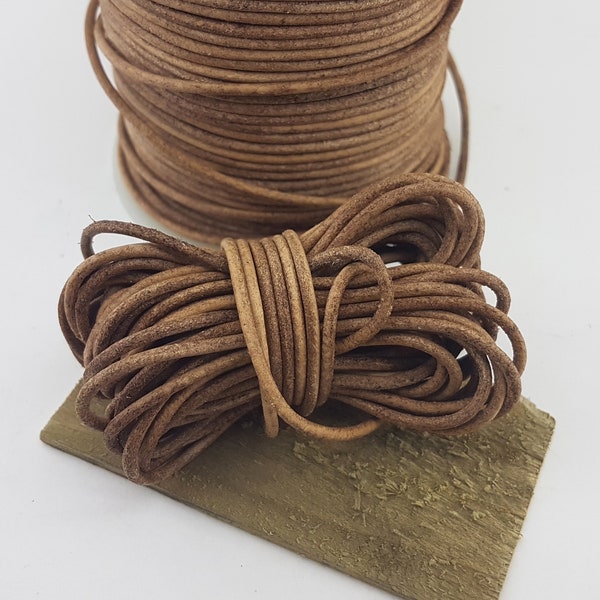 cordon en cuir marron naturel, 5 mètres, lacet rond en cuir vieilli de 2 mm, cordon en cuir marron vintage pour bijoux, string artisanal en cuir beige marron