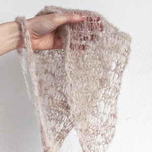 beige knitted bonnet veil. handmade wool & silk kerchief. subversive sheer lace knit headscarf.