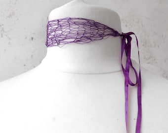 purple knitted choker .:. fairy neckpiece. ethereal delicate neckband. bow tie statement necklace. silk & cotton sheer knit choker