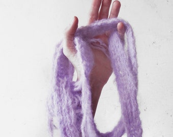 hand knitted skinny scarf .:. pastel lilac wool scarf. ethereal soft delicate long thin fairy scarf. subversive knitwear