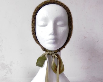 moss green knitted bonnet .:. bow tie headscarf. handknit wool balaclava. khaki adult bonnet. warm fairy cap with ties. forest headpiece