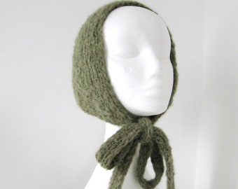 khaki green knitted bonnet .:. bow tie headscarf. alpaca wool balaclava. moss green adult bonnet. warm fairy cap with ties. forest headpiece