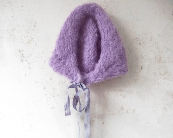 lilac knitted bonnet .:. bow tie bonnet. lavender knit headscarf. pastel purple adult bonnet. warm fairy cap. ethereal wool balaclava