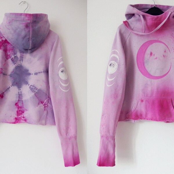 psycho fairy }} pastel tie dye hoodie / cropped hoodie {XS} // pastel pink, lilac, lavender // moon sweatshirt // OOAK