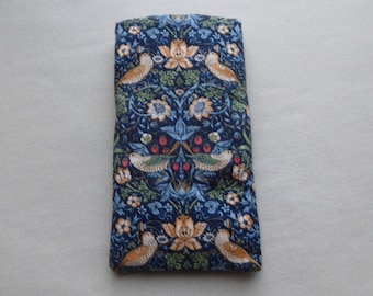 William Morris marineblauwe brillenkoker, stoffen brillenkoker, brilhouder, zachte brillenkoker