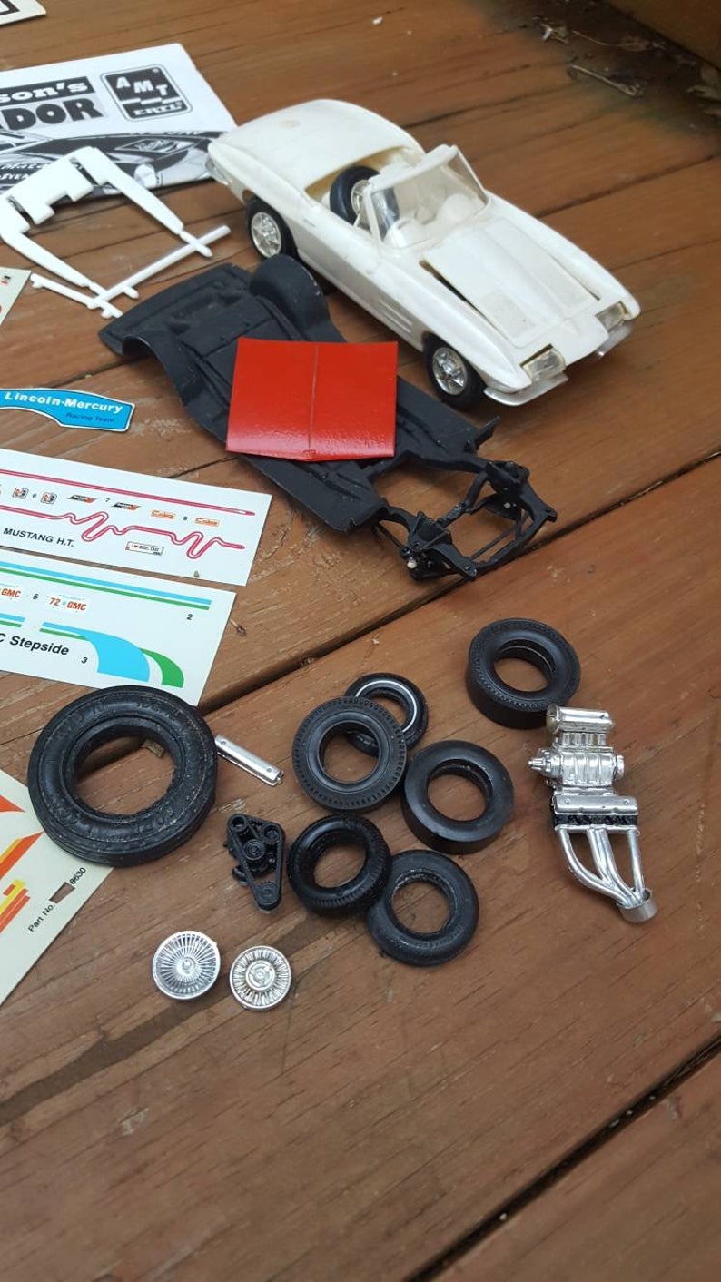 Vintage plastic model car parts decals instructions and 1