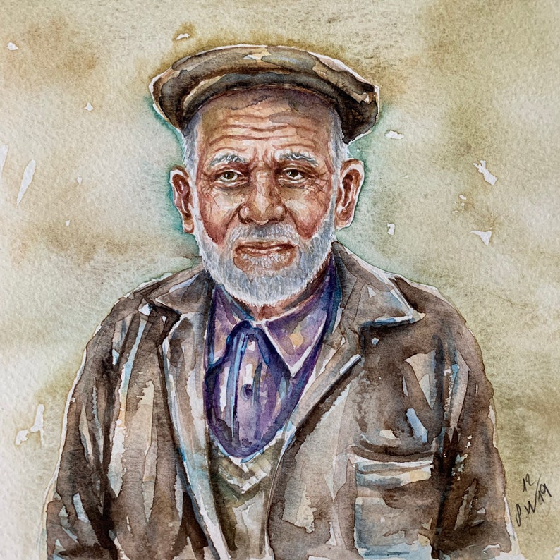 Old Man Portrait Watercolor Painting Original Art Watercolor Art