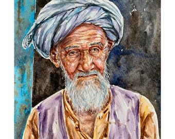 Watercolor portrait ,original portrait,old man art,small portrait,man portrait