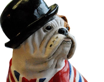 British Bulldog Statue Figurine Gift with Union Jack waistcoat and bowler hat. Handmade by Barry Snelson of Peakdalesculptures England