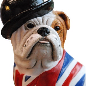 British Bulldog Statue Figurine Gift with Union Jack waistcoat and bowler hat. Handmade by Barry Snelson of Peakdalesculptures England image 3