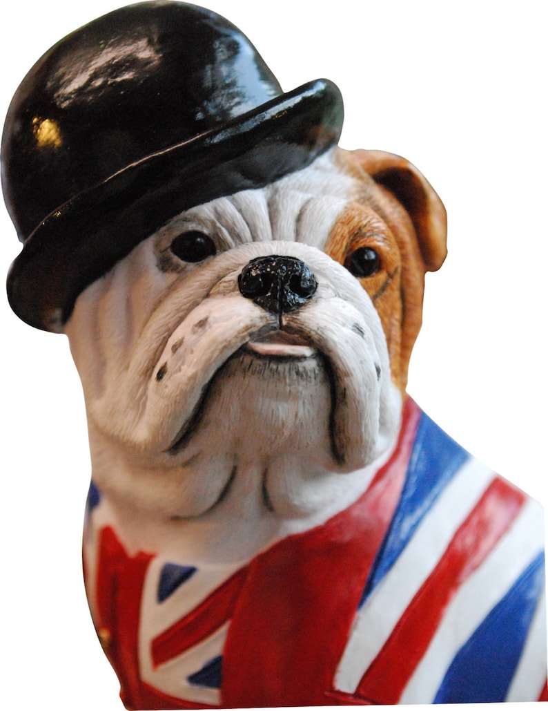 British Bulldog Statue Figurine Gift with Union Jack waistcoat and bowler hat. Handmade by Barry Snelson of Peakdalesculptures England image 3