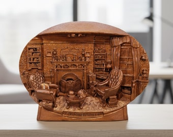Placa com estatueta de Sherlock Holmes, pátina de bronze antigo, 14 cm de altura, escultura altamente detalhada baseada em seu quarto original em Londres.