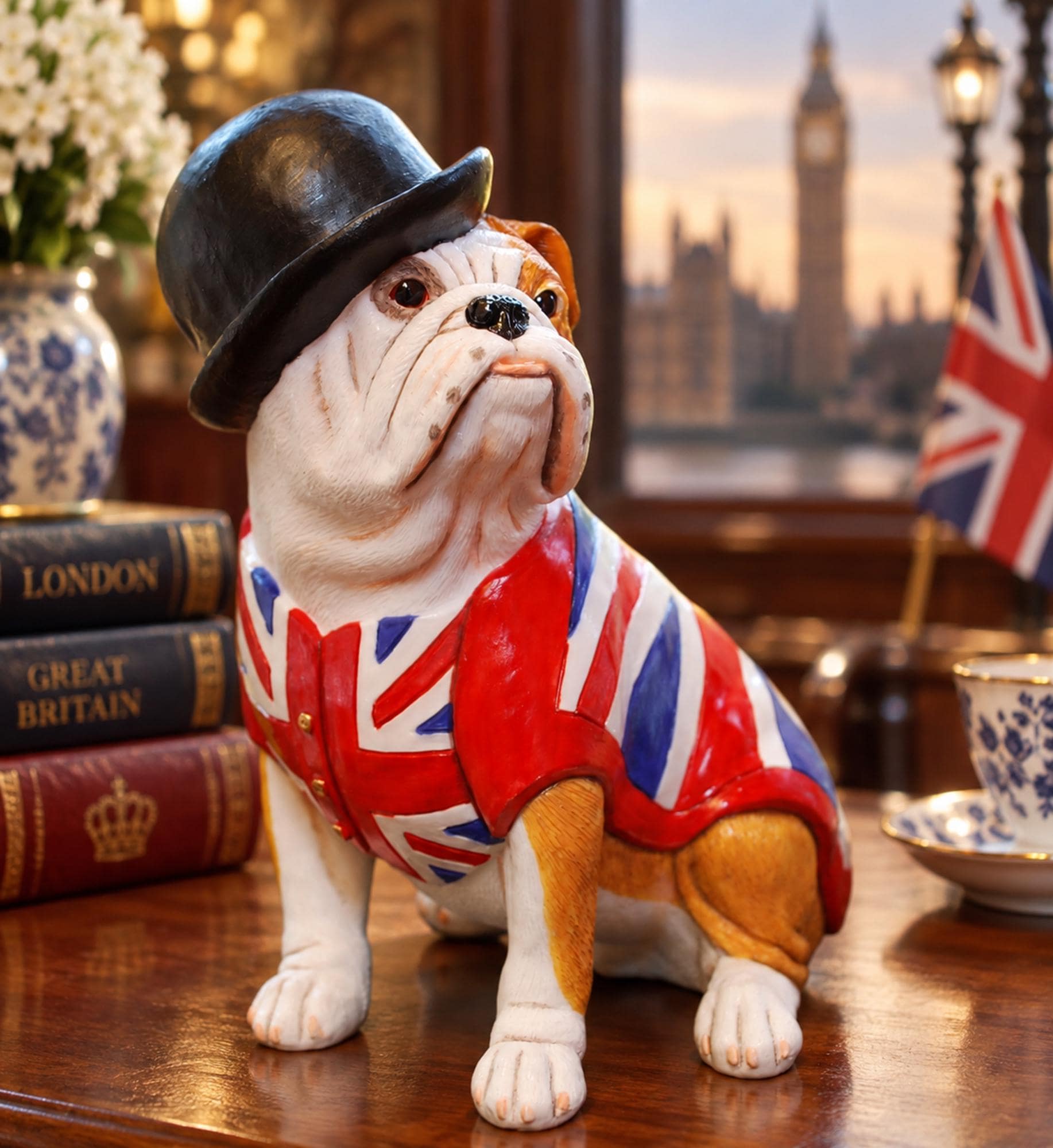 British Bulldog Figurine Gift in Union Jack Waistcoat, Bowler Hat