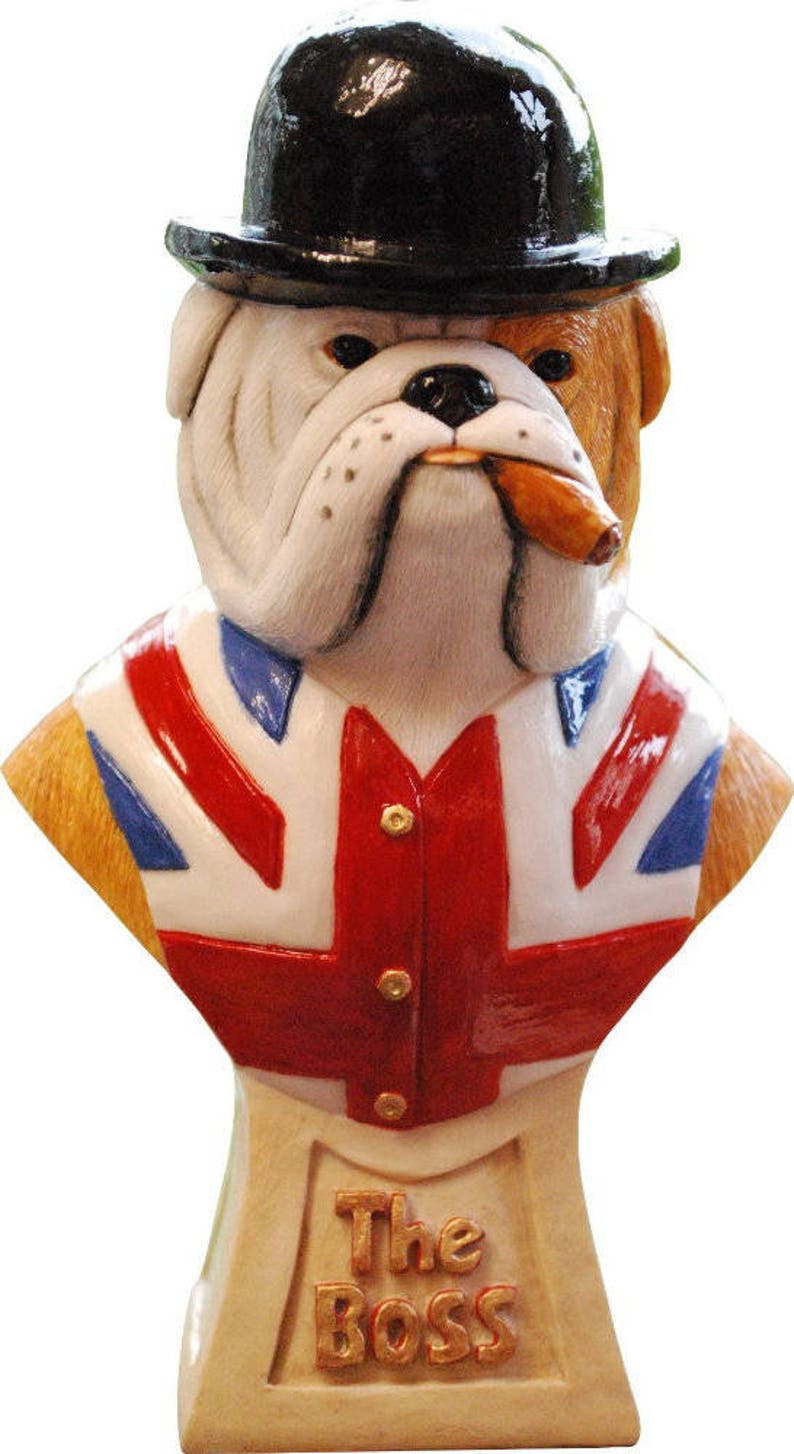 British Bulldog The Boss Wearing Union Jack Waistcoat Figurine Bust. Handmade & Painted in England by Peakdalesculptures 