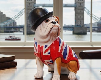 British Bulldog Figurine Gift With Union Jack Waistcoat, Bowler