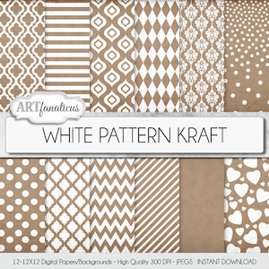 Kraft papers "WHITE PATTERN KRAFT" kraft texture digital background with white patterns, chevron, polkadot, hearts, quatrefoil, damask, more