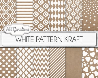 Kraft papers "WHITE PATTERN KRAFT" kraft texture digital background with white patterns, chevron, polkadot, hearts, quatrefoil, damask, more