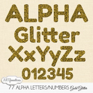 Gold glitter clip arts &quot;GOLD GLITTER ALPHA&quot; 52 alphabet uppercase & lowercase letters, 10 numbers, 15 punctuations, 216 total files