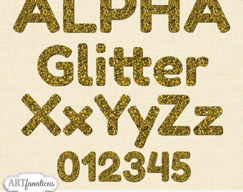 Gold glitter clip arts "GOLD GLITTER ALPHA" 52 alphabet uppercase & lowercase letters, 10 numbers, 15 punctuations, 216 total files