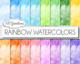 Watercolor digital papers "RAINBOW WATERCOLOR" 16 Painted 12x12 backgrounds, green, coral, pink, blue for Photographers, Scrapbookers, Etc