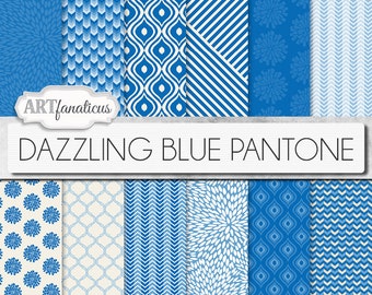 Blue digital papers "DAZZLING BLUE PANTONE" backgrounds, geometric designs, quatrefoil, flower, spring color for scrapbooking, photographers