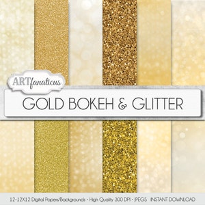 GOLD BOKEH & GLITTER, gold digital papers with gold glitter background, gold bokeh background, backgrounds for photographers, scrapbooking image 1