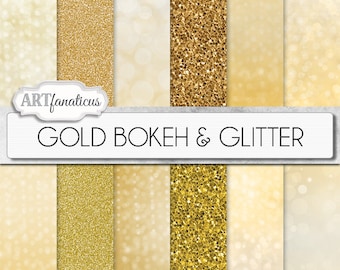 GOLD BOKEH & GLITTER, gold digital papers with gold glitter background, gold bokeh background, backgrounds for photographers, scrapbooking