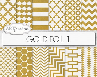 May include: A set of 12 digital papers featuring gold foil patterns on a white background. The patterns include geometric shapes, stripes, polka dots, and chevron designs. The text "GOLD FOIL 1" is displayed at the top of the image.