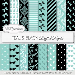 Teal digital papers TEAL & BLACK teal, bows, cats, sunglasses, breakfast keys,hearts for scrapbooking,parties, invites, cards, home decor image 1