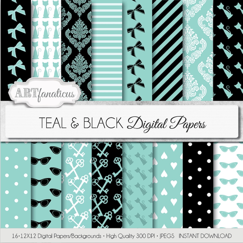 Teal digital papers TEAL & BLACK teal, bows, cats, sunglasses, breakfast keys,hearts for scrapbooking,parties, invites, cards, home decor image 1