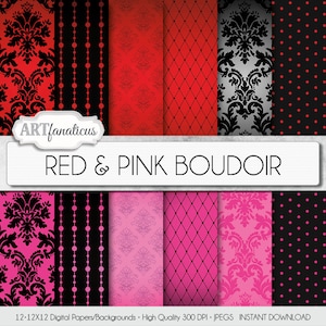 Boudoir digital papers RED & PINK BOUDOIR sexy red and pink backgrounds, damasks, pearls, fishnets, boudoir photography, scrapbooking image 1