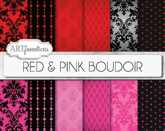 Digitala boudoirpapper "RED & PINK BOUDOIR" sexiga röda och rosa bakgrunder, damasker, pärlor, fisknät, boudoirfotografi, scrapbooking