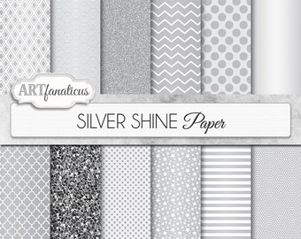 Silver Papers "SILVER SHINE" digital paper with silver glitter, silver stars, silver chevron, quatrefoil, polka dots, on silver background