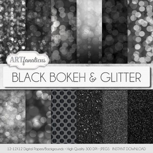 Bokeh Digital Papers &quot;BLACK BOKEH & GLITTER&quot; Bokeh Overlay, Black Bokeh Digital Backgrounds,Glitter,Bokeh for Photographers, Invitations