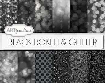 Bokeh Digital Papers "BLACK BOKEH & GLITTER" Bokeh Overlay, Black Bokeh Digital Backgrounds,Glitter,Bokeh for Photographers, Invitations