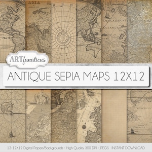 May include: A set of six antique sepia-toned maps, each measuring 12 inches by 12 inches. The maps depict various regions of the world, including Asia, Europe, and North America. The maps are printed on a textured paper with a vintage look.