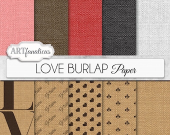 Digital burlap papers "LOVE BURLAP" rustic burlap texture with hearts fleur de lis LOVE,  je t'aime, for scrapbooking, invitation, blogs