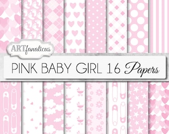 Baby girl papers "PINK BABY GIRL" white and pink background, diaper pin, pink hearts, gingham, clouds, footprints, carriage, daisies