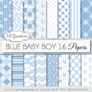 Baby boy papers "BLUE BABY BOY" white and blue background, blue balloons,gingham, clouds,argyle,polkadots,baby footprints,white stars & more