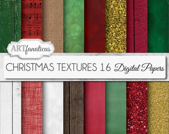 May include: A digital paper pack with 16 Christmas themed textures. The textures include wood, burlap, glitter, and more. The pack is available for instant download.