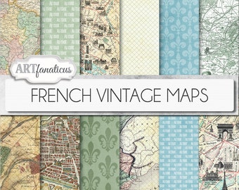 French Vintage Maps digital papers, "FRENCH VINTAGE MAPS" backgrounds,antique maps, France, Paris maps, French geography, vintage maps