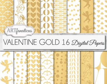 Gold Metallic Digital Papers "VALENTINE GOLD" Gold backgrounds,cupids, hearts, love sign, gold arrows, dots for photographers, scrapbooking